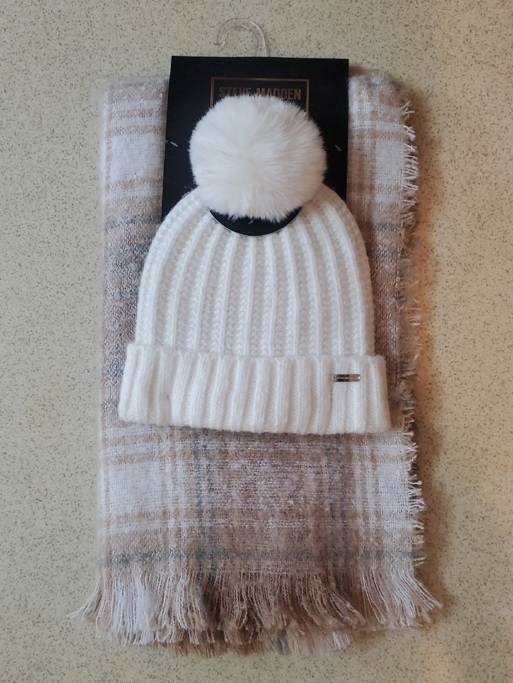 Steve Madden Cream Ribbed Pom Beanie with Plaid Fringe Scarf